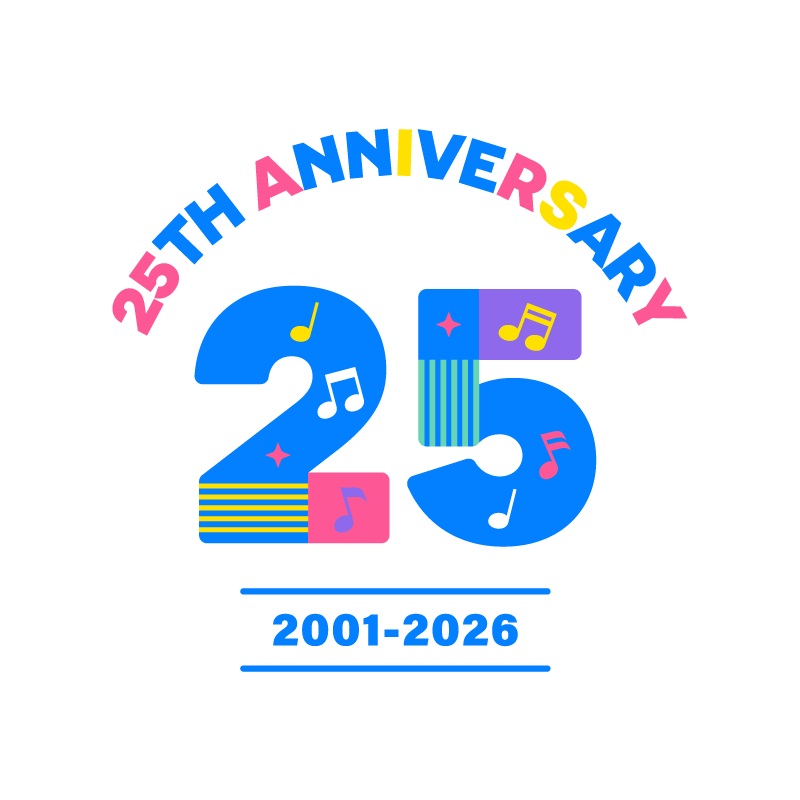 ぷりんと楽譜の25周年記念ロゴ。上部に25TH ANNIVERSARY、中央に音符をあしらった大きな25、下に2001–2026とぷりんと楽譜のロゴ文字が配置されたデザイン